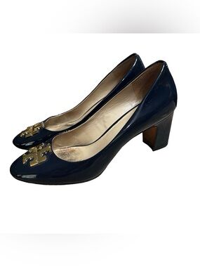 Tory Burch Navy Blue Buckle Pumps Size 9 Leather Luxury Old Money Classic Comfy